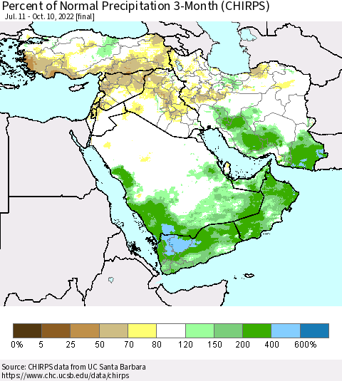 Middle East and Turkey Percent of Normal Precipitation 3-Month (CHIRPS) Thematic Map For 7/11/2022 - 10/10/2022
