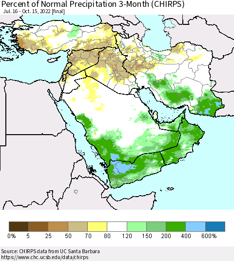 Middle East and Turkey Percent of Normal Precipitation 3-Month (CHIRPS) Thematic Map For 7/16/2022 - 10/15/2022