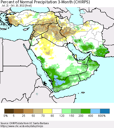 Middle East and Turkey Percent of Normal Precipitation 3-Month (CHIRPS) Thematic Map For 7/21/2022 - 10/20/2022