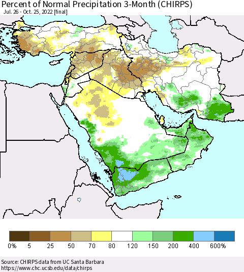 Middle East and Turkey Percent of Normal Precipitation 3-Month (CHIRPS) Thematic Map For 7/26/2022 - 10/25/2022