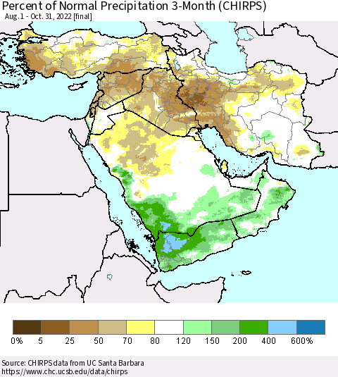 Middle East and Turkey Percent of Normal Precipitation 3-Month (CHIRPS) Thematic Map For 8/1/2022 - 10/31/2022