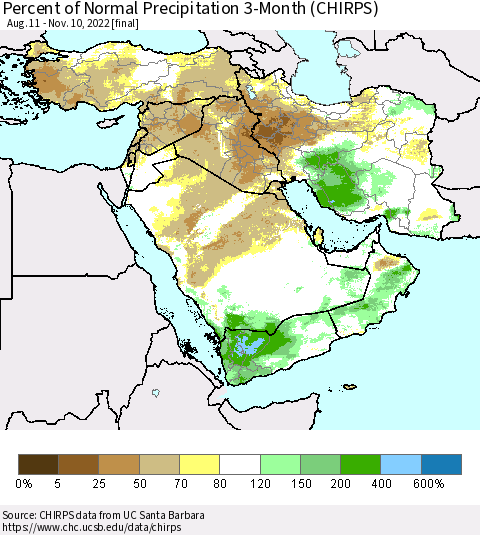 Middle East and Turkey Percent of Normal Precipitation 3-Month (CHIRPS) Thematic Map For 8/11/2022 - 11/10/2022