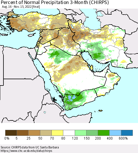 Middle East and Turkey Percent of Normal Precipitation 3-Month (CHIRPS) Thematic Map For 8/16/2022 - 11/15/2022