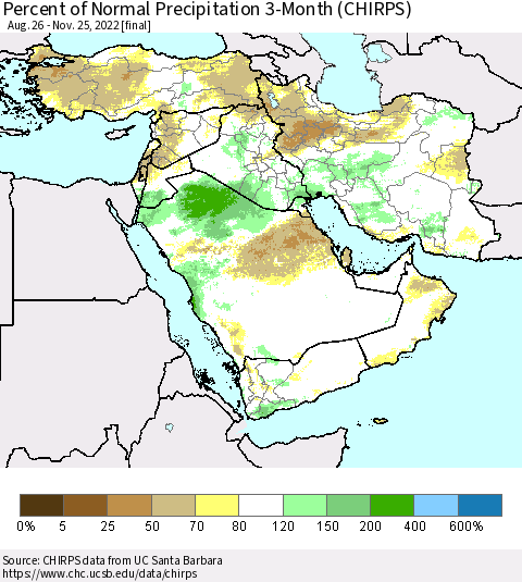 Middle East and Turkey Percent of Normal Precipitation 3-Month (CHIRPS) Thematic Map For 8/26/2022 - 11/25/2022