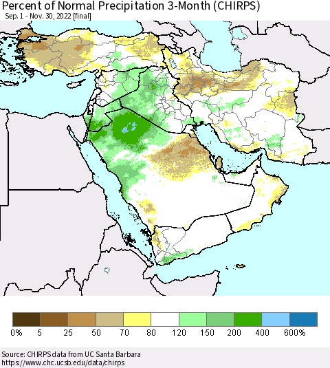 Middle East and Turkey Percent of Normal Precipitation 3-Month (CHIRPS) Thematic Map For 9/1/2022 - 11/30/2022