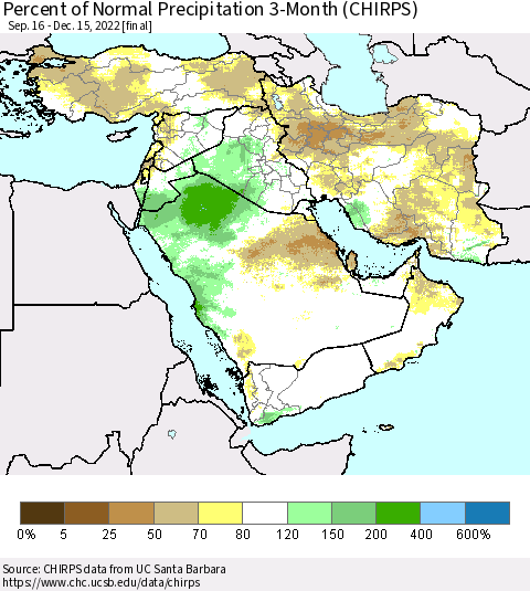 Middle East and Turkey Percent of Normal Precipitation 3-Month (CHIRPS) Thematic Map For 9/16/2022 - 12/15/2022