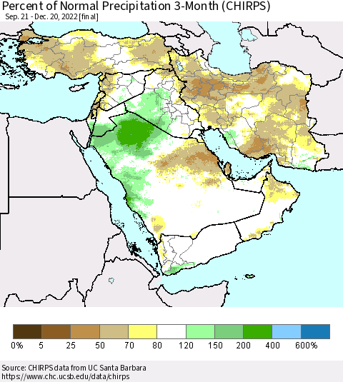 Middle East and Turkey Percent of Normal Precipitation 3-Month (CHIRPS) Thematic Map For 9/21/2022 - 12/20/2022