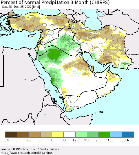 Middle East and Turkey Percent of Normal Precipitation 3-Month (CHIRPS) Thematic Map For 9/26/2022 - 12/25/2022