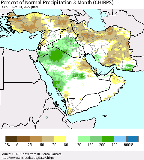 Middle East and Turkey Percent of Normal Precipitation 3-Month (CHIRPS) Thematic Map For 10/1/2022 - 12/31/2022