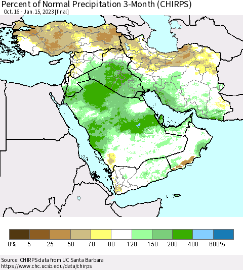 Middle East and Turkey Percent of Normal Precipitation 3-Month (CHIRPS) Thematic Map For 10/16/2022 - 1/15/2023