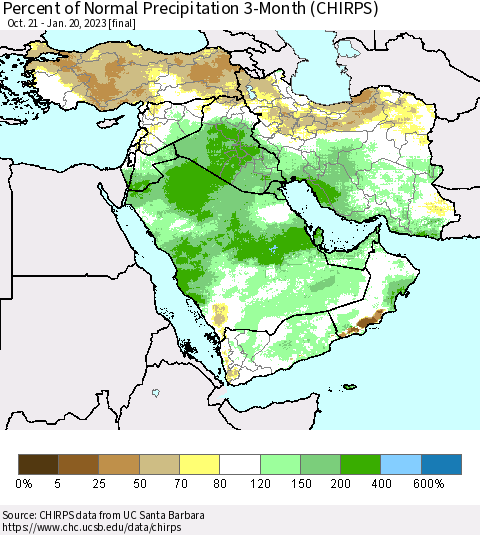 Middle East and Turkey Percent of Normal Precipitation 3-Month (CHIRPS) Thematic Map For 10/21/2022 - 1/20/2023
