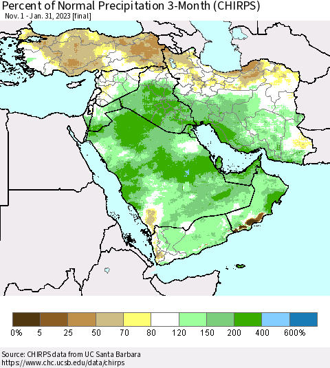 Middle East and Turkey Percent of Normal Precipitation 3-Month (CHIRPS) Thematic Map For 11/1/2022 - 1/31/2023