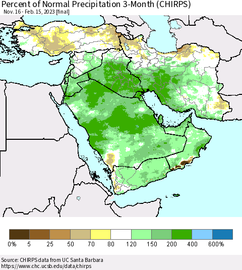Middle East and Turkey Percent of Normal Precipitation 3-Month (CHIRPS) Thematic Map For 11/16/2022 - 2/15/2023
