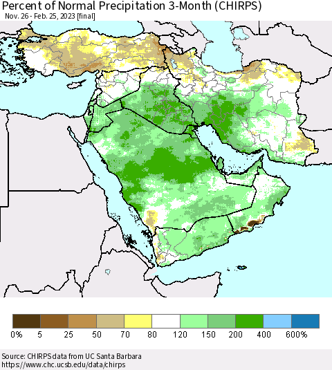Middle East and Turkey Percent of Normal Precipitation 3-Month (CHIRPS) Thematic Map For 11/26/2022 - 2/25/2023