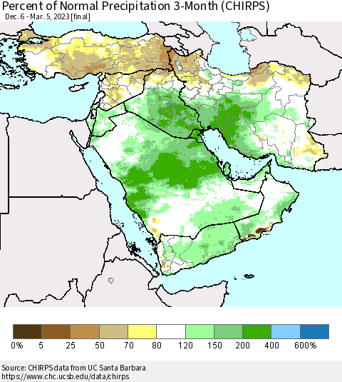 Middle East and Turkey Percent of Normal Precipitation 3-Month (CHIRPS) Thematic Map For 12/6/2022 - 3/5/2023