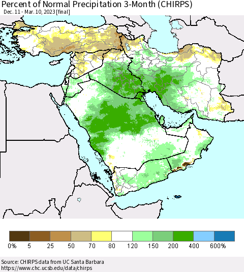 Middle East and Turkey Percent of Normal Precipitation 3-Month (CHIRPS) Thematic Map For 12/11/2022 - 3/10/2023
