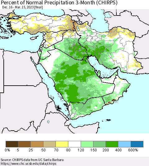 Middle East and Turkey Percent of Normal Precipitation 3-Month (CHIRPS) Thematic Map For 12/16/2022 - 3/15/2023