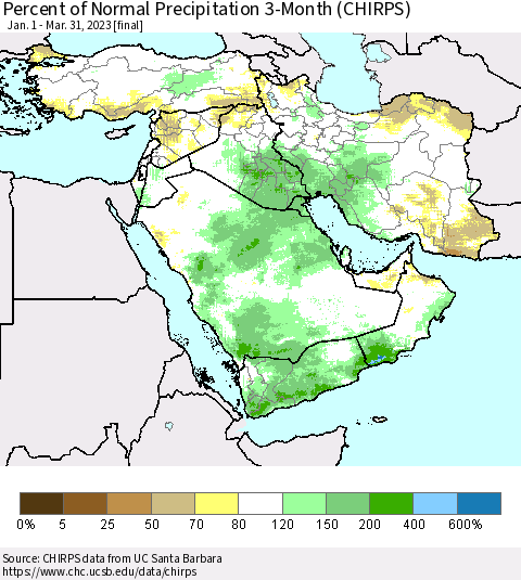 Middle East and Turkey Percent of Normal Precipitation 3-Month (CHIRPS) Thematic Map For 1/1/2023 - 3/31/2023