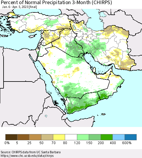 Middle East and Turkey Percent of Normal Precipitation 3-Month (CHIRPS) Thematic Map For 1/6/2023 - 4/5/2023