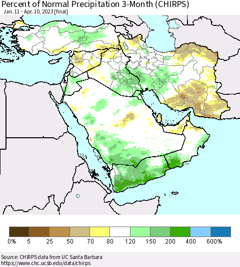 Middle East and Turkey Percent of Normal Precipitation 3-Month (CHIRPS) Thematic Map For 1/11/2023 - 4/10/2023