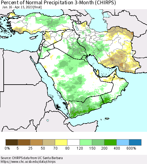 Middle East and Turkey Percent of Normal Precipitation 3-Month (CHIRPS) Thematic Map For 1/16/2023 - 4/15/2023