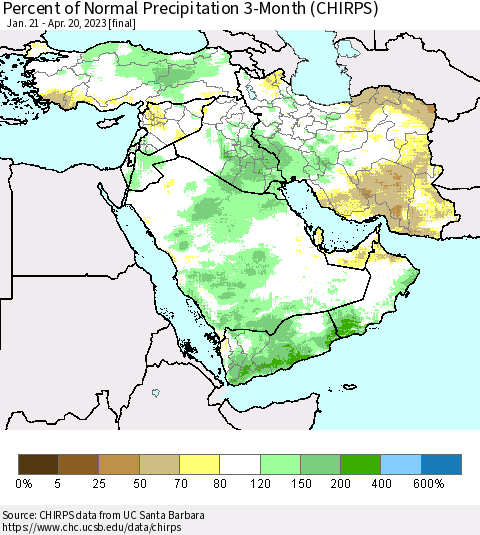 Middle East and Turkey Percent of Normal Precipitation 3-Month (CHIRPS) Thematic Map For 1/21/2023 - 4/20/2023