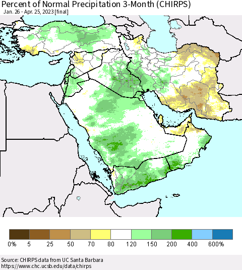 Middle East and Turkey Percent of Normal Precipitation 3-Month (CHIRPS) Thematic Map For 1/26/2023 - 4/25/2023