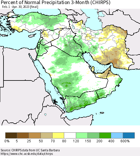 Middle East and Turkey Percent of Normal Precipitation 3-Month (CHIRPS) Thematic Map For 2/1/2023 - 4/30/2023