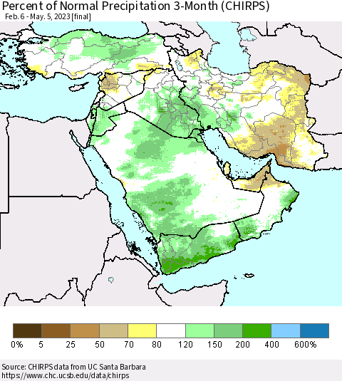 Middle East and Turkey Percent of Normal Precipitation 3-Month (CHIRPS) Thematic Map For 2/6/2023 - 5/5/2023