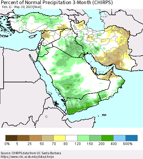 Middle East and Turkey Percent of Normal Precipitation 3-Month (CHIRPS) Thematic Map For 2/11/2023 - 5/10/2023