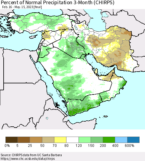 Middle East and Turkey Percent of Normal Precipitation 3-Month (CHIRPS) Thematic Map For 2/16/2023 - 5/15/2023
