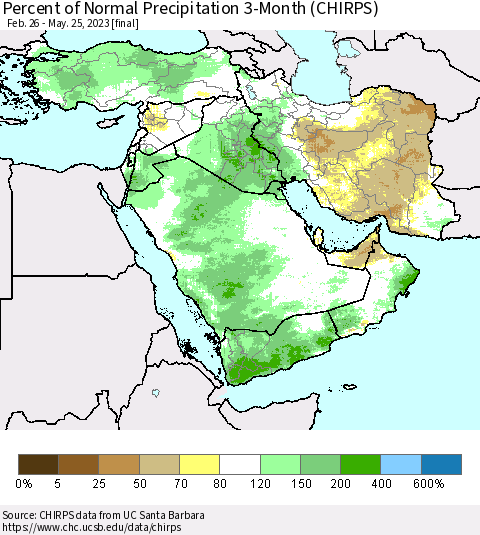 Middle East and Turkey Percent of Normal Precipitation 3-Month (CHIRPS) Thematic Map For 2/26/2023 - 5/25/2023