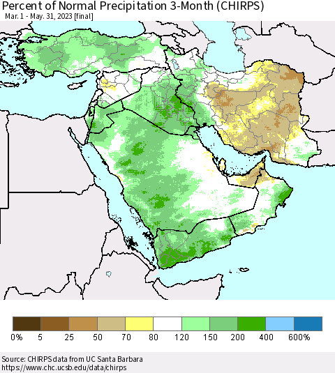 Middle East and Turkey Percent of Normal Precipitation 3-Month (CHIRPS) Thematic Map For 3/1/2023 - 5/31/2023