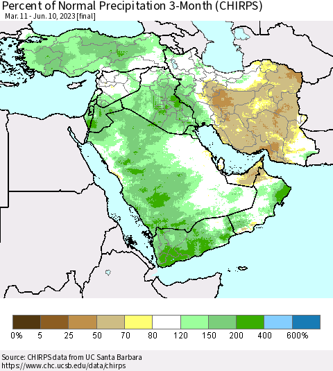 Middle East and Turkey Percent of Normal Precipitation 3-Month (CHIRPS) Thematic Map For 3/11/2023 - 6/10/2023