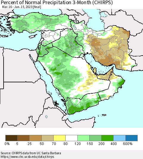 Middle East and Turkey Percent of Normal Precipitation 3-Month (CHIRPS) Thematic Map For 3/16/2023 - 6/15/2023