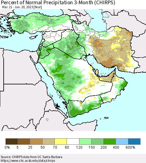 Middle East and Turkey Percent of Normal Precipitation 3-Month (CHIRPS) Thematic Map For 3/21/2023 - 6/20/2023