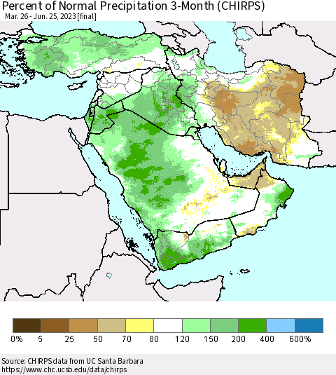 Middle East and Turkey Percent of Normal Precipitation 3-Month (CHIRPS) Thematic Map For 3/26/2023 - 6/25/2023