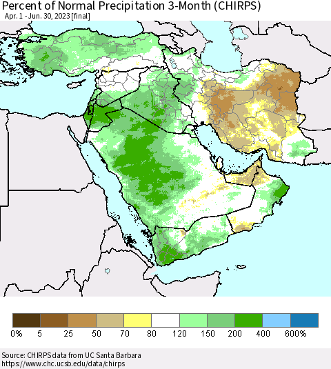 Middle East and Turkey Percent of Normal Precipitation 3-Month (CHIRPS) Thematic Map For 4/1/2023 - 6/30/2023