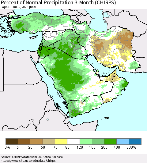 Middle East and Turkey Percent of Normal Precipitation 3-Month (CHIRPS) Thematic Map For 4/6/2023 - 7/5/2023