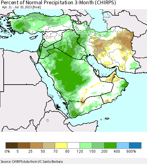 Middle East and Turkey Percent of Normal Precipitation 3-Month (CHIRPS) Thematic Map For 4/11/2023 - 7/10/2023