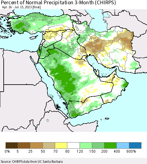 Middle East and Turkey Percent of Normal Precipitation 3-Month (CHIRPS) Thematic Map For 4/16/2023 - 7/15/2023