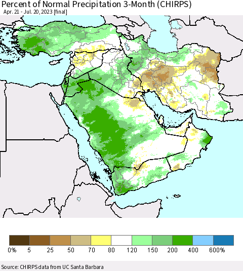 Middle East and Turkey Percent of Normal Precipitation 3-Month (CHIRPS) Thematic Map For 4/21/2023 - 7/20/2023
