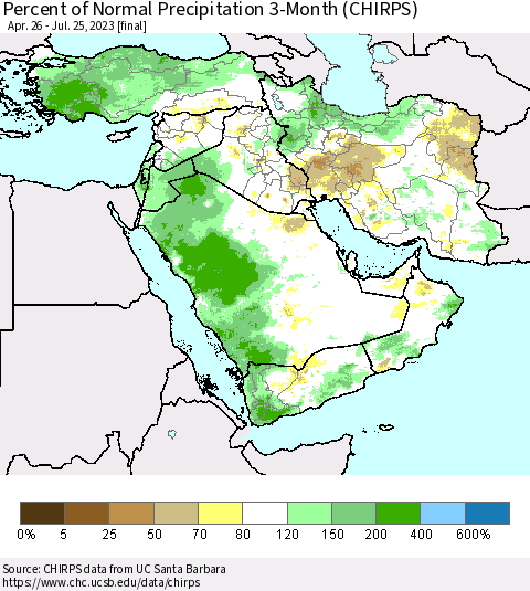 Middle East and Turkey Percent of Normal Precipitation 3-Month (CHIRPS) Thematic Map For 4/26/2023 - 7/25/2023