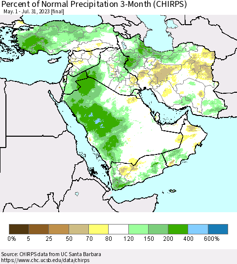 Middle East and Turkey Percent of Normal Precipitation 3-Month (CHIRPS) Thematic Map For 5/1/2023 - 7/31/2023