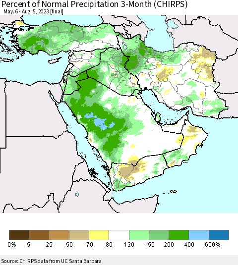Middle East and Turkey Percent of Normal Precipitation 3-Month (CHIRPS) Thematic Map For 5/6/2023 - 8/5/2023
