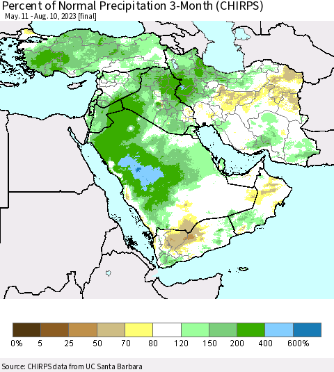 Middle East and Turkey Percent of Normal Precipitation 3-Month (CHIRPS) Thematic Map For 5/11/2023 - 8/10/2023