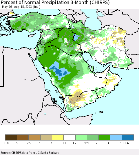 Middle East and Turkey Percent of Normal Precipitation 3-Month (CHIRPS) Thematic Map For 5/16/2023 - 8/15/2023