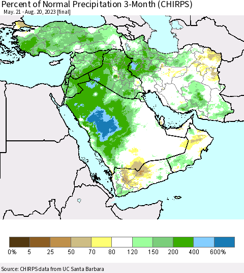 Middle East and Turkey Percent of Normal Precipitation 3-Month (CHIRPS) Thematic Map For 5/21/2023 - 8/20/2023