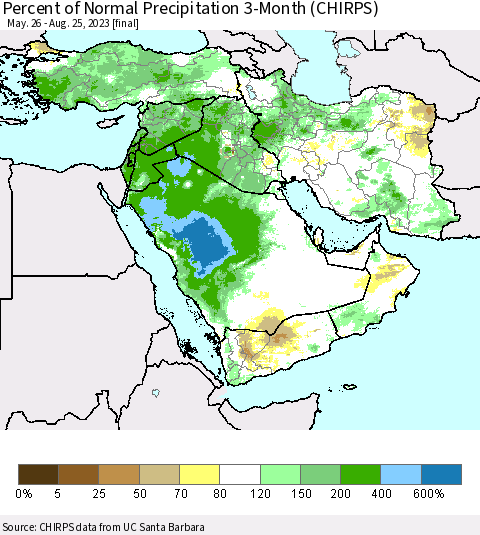 Middle East and Turkey Percent of Normal Precipitation 3-Month (CHIRPS) Thematic Map For 5/26/2023 - 8/25/2023