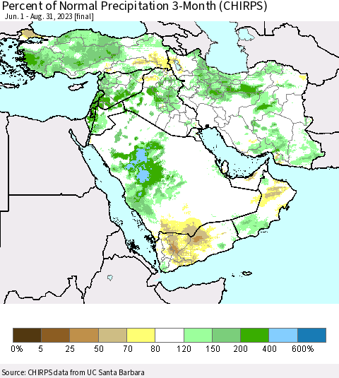 Middle East and Turkey Percent of Normal Precipitation 3-Month (CHIRPS) Thematic Map For 6/1/2023 - 8/31/2023